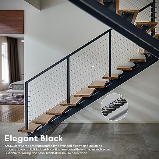 250FT 1/8" T316 Black Stainless Steel Cable, Black Wire Rope Aircraft Cable for Deck Cable Railing Kit, DIY Balustrades, 7x7 Strands Construction, Comes with a Cutter