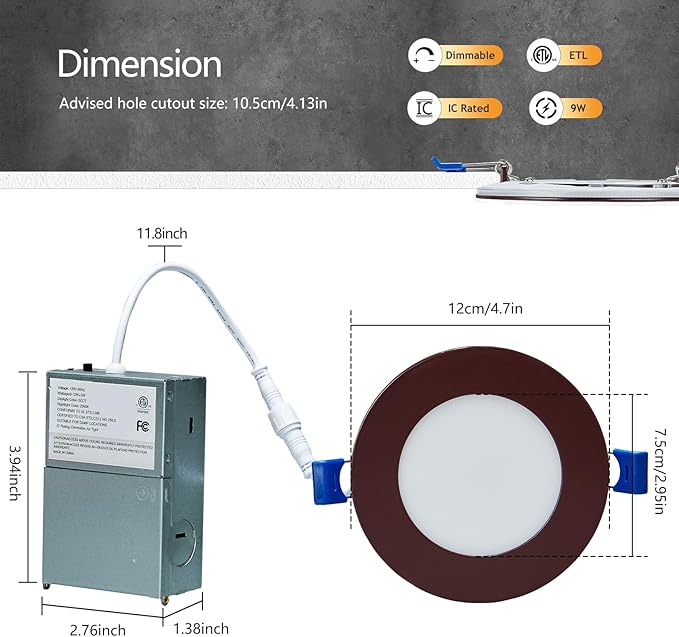 CycevSun 16 Pack Bronze Recessed Lighting 4 Inch with Night Light, Canless Ultra Thin Wafer Downlight Outdoor Exterior Soffit, Dimmable & 5 Color Temperature Selectable, 9W, ETL