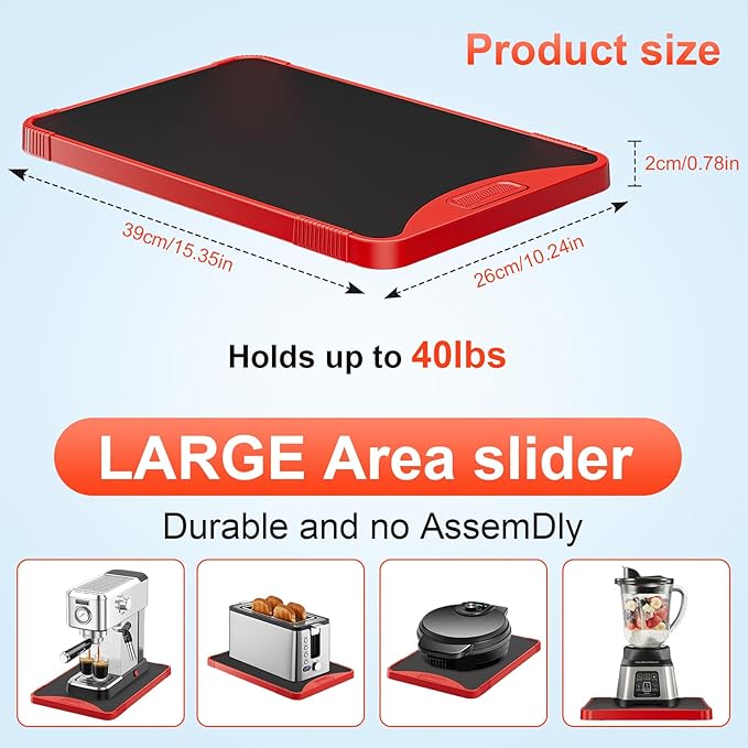 ARGOMAX Appliance Rolling Tray, Coffee Maker Slider, coffee pull out tray, sliding coffee maker tray, Suitable for coffee machines, air fryers and other appliances (Red-Plastic)