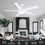 52 inch White Ceiling Fans with Lights and Remote, Reversible 5 Blades Modern Ceiling Fan for Bedroom, Living Room, Dining Room, LED 3 CCT 6-Speed Noiseless, ETL Listed