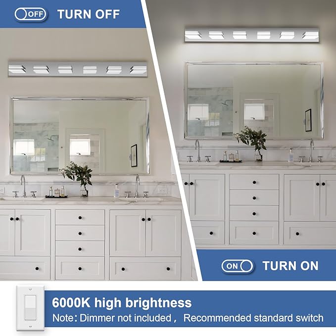Modern LED Bathroom Lights Fixtures(6-Light),Metal Chrome Acrylic Wall Lighting,Vanity Lights for Bathroom Over Mirror(6000k 41In