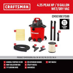 CRAFTSMAN CMXEVBE17590 9 Gallon 4.25 Peak HP Wet/Dry Shop Vac, Portable Shop Vacuum Wet and Dry with Filter, Dust Bag, Hose and Attachments for Home, Garage and Automotive Cleaning