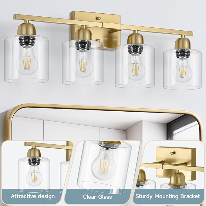 Modern Brushed Gold 4 Light Bathroom Light Fixtures, 24 inch Vanity Lights for Bathroom with Clear Glass for Mirror Kitchen Living Room Hallway Cabinet Porch