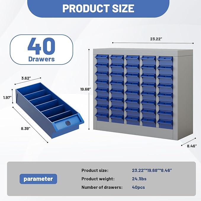 40-Drawer Parts Storage Cabinet – Multi-Purpose Organizer for Screws, Bolts, Nails, Craft Supplies, Legos, Makeup & Tools – Compact Plastic Drawer Unit for Garage, Workshop, Classroom & Home