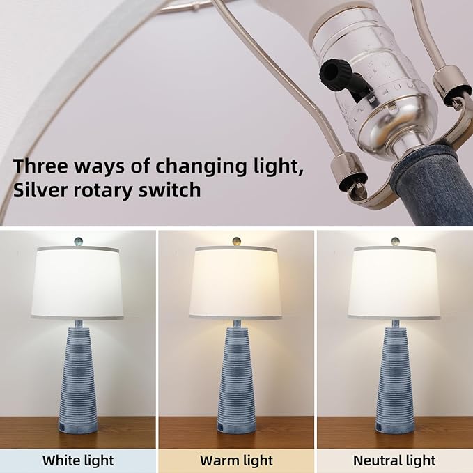 Terpsichore Nightstand Lamp Bedside Lamps Set of 2 Vintage Rustic Farmhouse Table Lamp 3 Way Dimmable Horizontal Stripe Light,Suitable for Living Room Bedroom,with Linen Shade LED Bulb,USB A+C Port