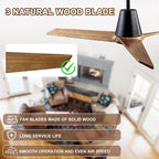 52" Ceiling Fans with Light, Solid Wood Ceiling Fan with Remote Control and DC Motor, with RGB Function, with 3 Fan Blades, Indoor-Outdoor Ceiling Fan for Living Room, Bedroom - Black + Walnut Color