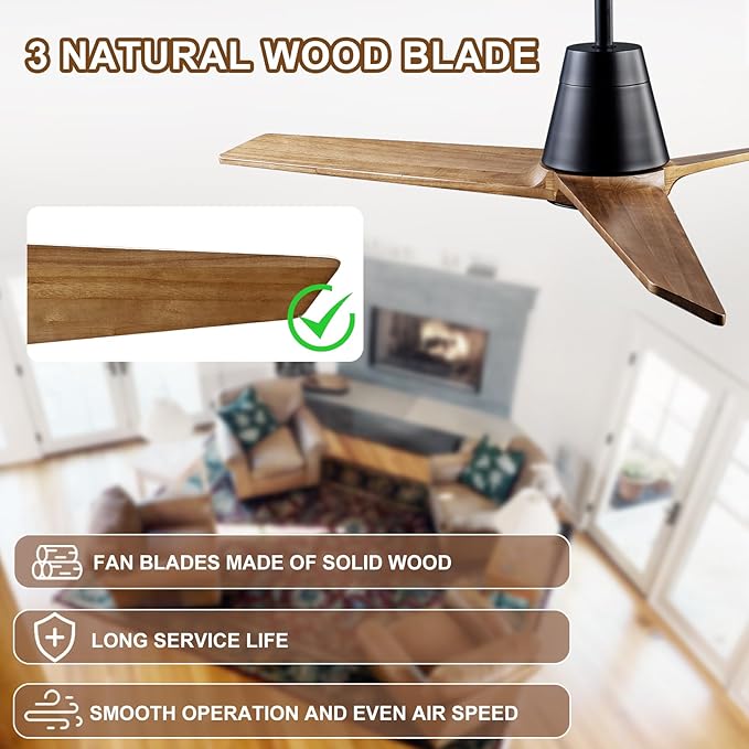 52" Ceiling Fans with Light, Solid Wood Ceiling Fan with Remote Control and DC Motor, with RGB Function, with 3 Fan Blades, Indoor-Outdoor Ceiling Fan for Living Room, Bedroom - Black + Walnut Color