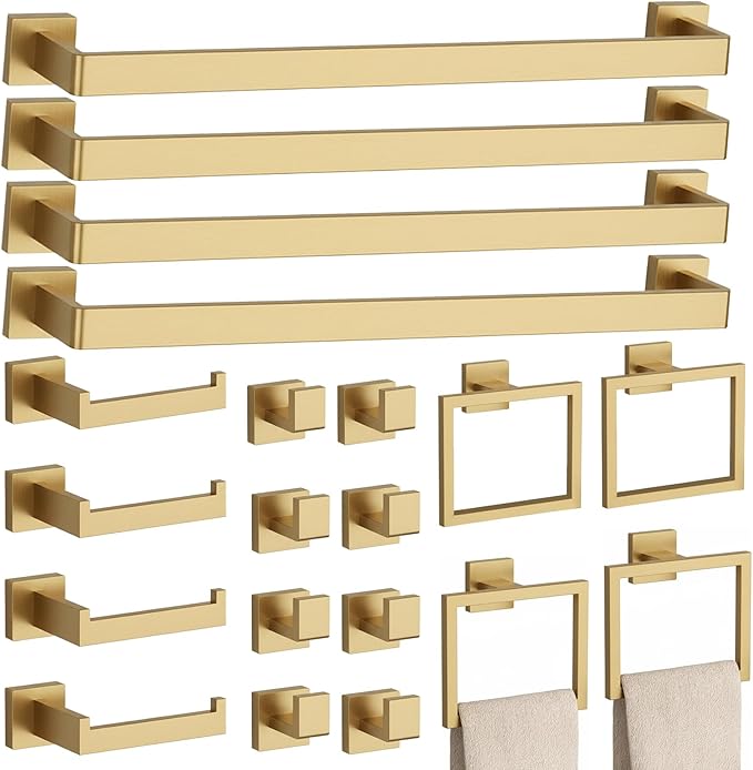 20-Piece Brushed Gold Bathroom Accessories Set – 23.6" Towel Bar, Towel Ring, Toilet Paper Holder & Hooks, Wall Mounted Bathroom Hardware, Rust & Corrosion-Resistant, Ideal for Modern Bathrooms