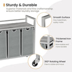 Laundry Hamper, Laundry Basket, Laundry Sorter with 3 Removable Bags, Clothes Basket with 3 Compartments, Wheels, Shelf for Laundry Room Bathroom Bedroom (3 Bags-Gray)
