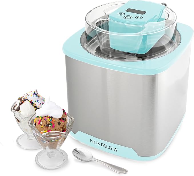Nostalgia 2-Quart Electric Ice Cream Maker – Make Homemade Ice Cream, Gelato, Sorbet & Frozen Yogurt – No Salt/Ice Needed, Digital Controls, Mix-In Chute & Freezing Gel Canister – Stainless & Aqua