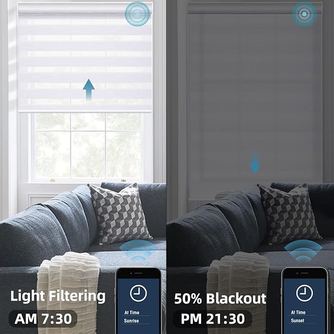 SmartWings Motorized Zebra Shades Work with HomeKit, Alexa, Google Home, 60% Blackout Light Filtering Day Night Sheer Blinds, Privacy Light Control, for Home/Office, Customized, White