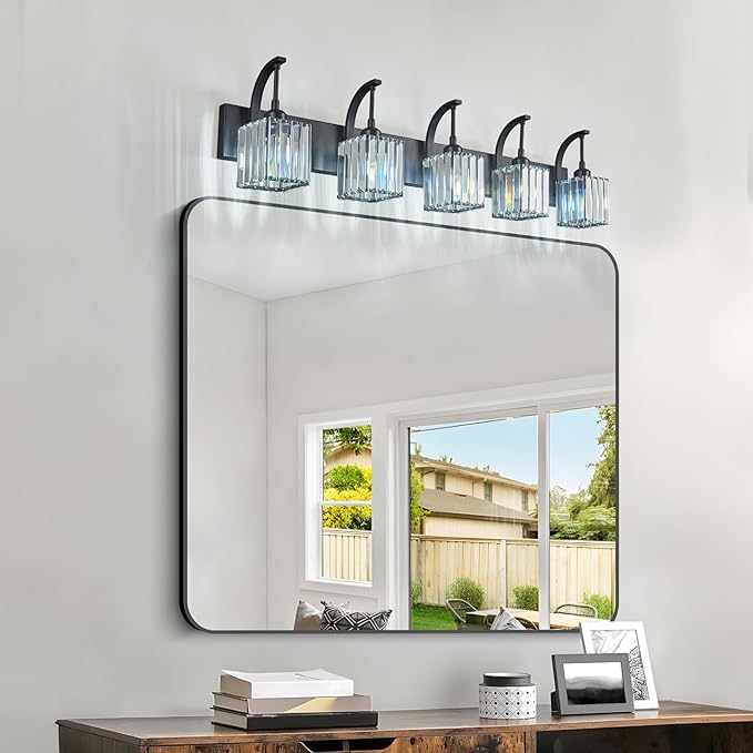 5-Light Crystal Vanity Light, Modern Black Bathroom Wall Sconce with K9 Crystal Shades, 42.51" Long Over Mirror Lighting for Vanity, Makeup, Hallway, Elegant & Easy Installation