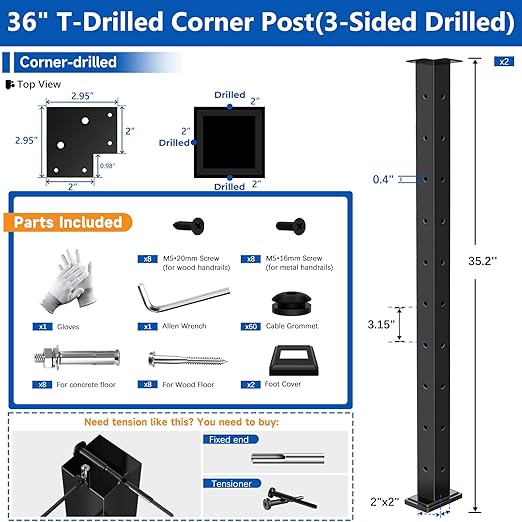 2 Pack 36" T304 T-drilled Cable Railing Corner Post(Post 35"x2"x2"), Three Sides Wire Railing Post with Cable Grommets, Fixed Top Mount Stainless Steel Black Finish Deck Staircase Post