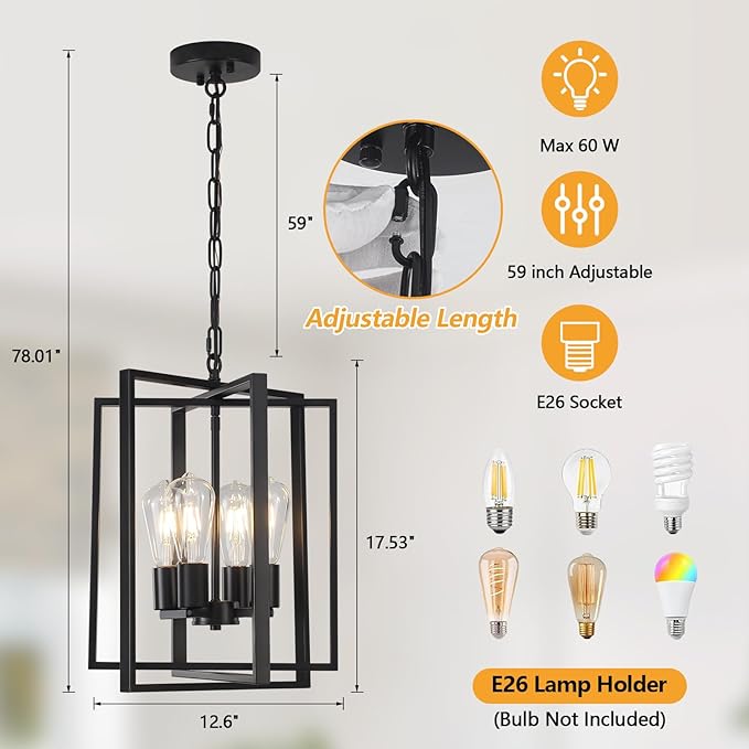 4 Light Modern Farmhouse Chandelier for Dining Room, Black Pendant Lights Fixtures for Kitchen Island, Foyer Lighting Fixtures High Ceiling for Entryway Hallway Living Room Bedroom