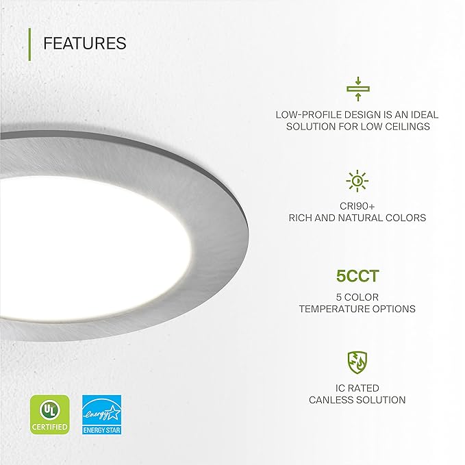 ASD 6 Pack LED Recessed Lighting 4 Inch 12W, 5 CCT 2700K-5000K CRI90+, IC Rated Ultra Thin Dimmable Ceiling Lights with J Box, Canless Wafer Downlight, Round Slim Panel Light, UL Listed, Nickel