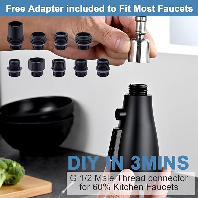 Metal Kitchen Faucet Head Replacement, 3 Functions Kitchen Faucet Head High Pressure, Matte Black Pull Down Kitchen Sink Sprayer Replacement with 9 Adapters Compatible with Most Faucets