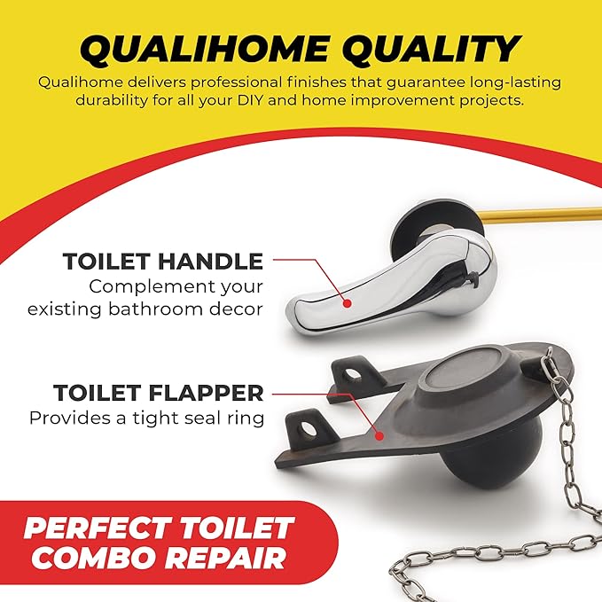 Qualihome Front Mount Chrome Toilet Handle Replacement Kit with 2 Inch Universal Toilet Flapper Replacement Kit and Stainless Steel Toilet Flapper Chain