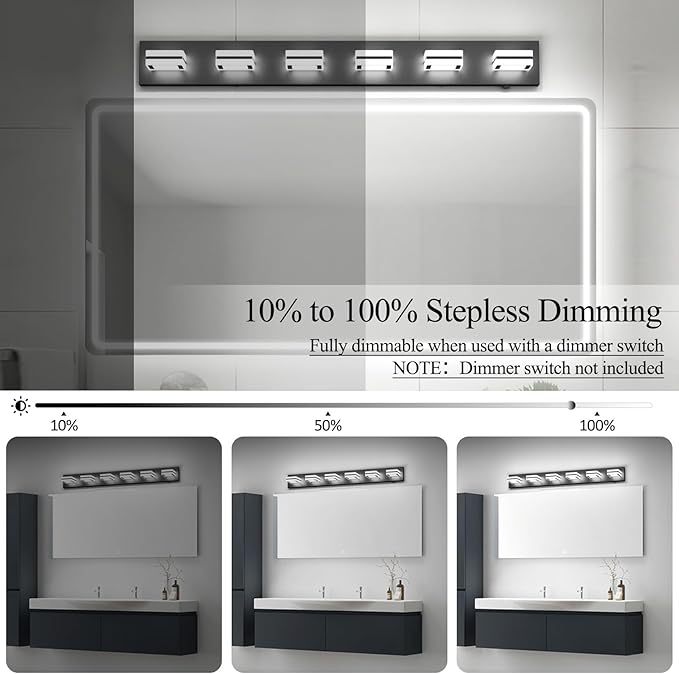 Ralbay 5 Color Temperature Black Bathroom Vanity Lights Fixtures Dimmable 40.4inch Acrylic Modern Matte Black Vanity Light for Bathroom 6 Lights