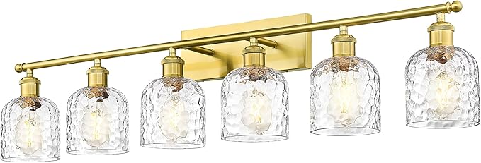 zeyu 42.2'' Modern Bathroom Gold Light Fixture, 6 Light Bathroom Lighting Fixtures Over Mirror Bedroom, Brushed Gold Finish with Clear Hammered Glass, ZJF63B-6W BG