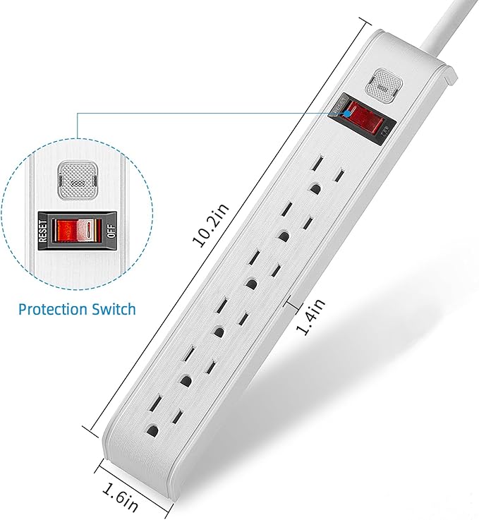 Power Strip Surge Protector, 6 Feet Extension Cord, 600 Joules Surge Protection, Multiple Protection 6 Outlet Strip, ETL Listed