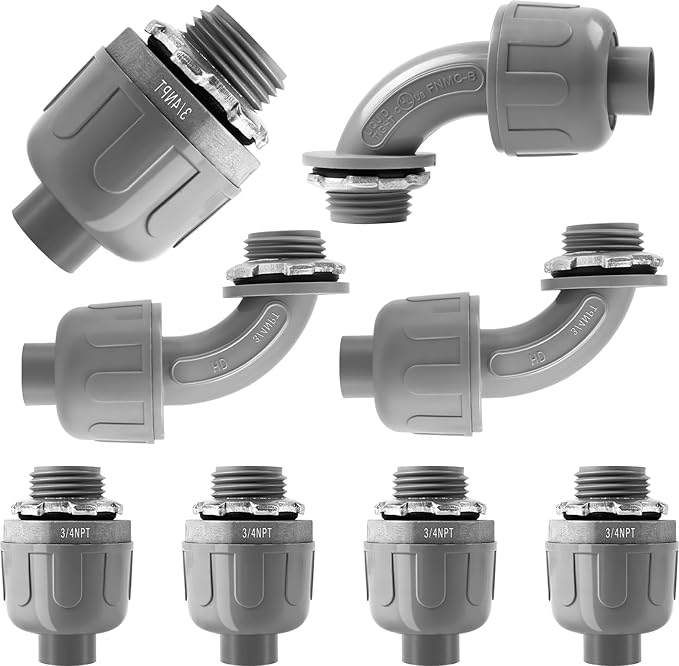 3/4-Inch Electrical Conduit Connector Kit,8-Pack Nonmetallic Plastic Liquid Tight Connector with 5 Straight,3 90 Degree Angle Fittings