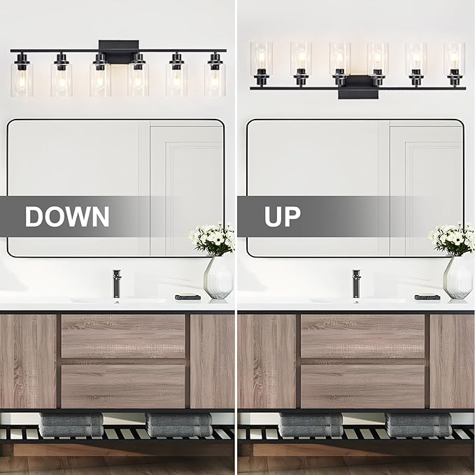 6 Light Bathroom Light Fixtures Black Vanity Light Over Mirror Modern Farmhouse Wall Lighting Sconces Wall Lamp for Bathroom, Bedroom, Living Room E26 Socket with Glass Shade