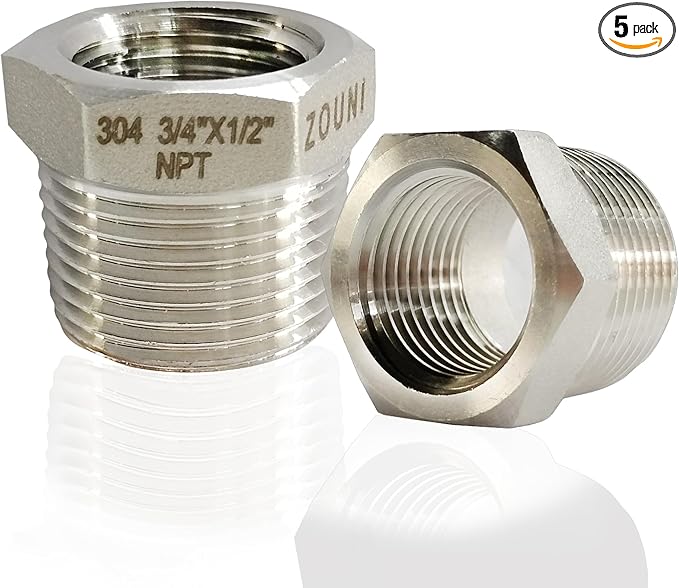 2 Pcs Reducer Hex Bushing, 304 Stainless Steel 3/4" Male NPT to 1/2" Female NPT（ 3/4"MNPT - 1/2"FNPT） Pipe Fitting Hex Bushing, Heavy Duty Pipe Fitting Reducer Adapter