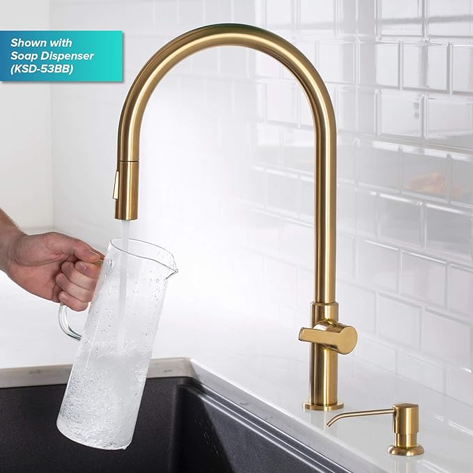 KRAUS Oletto High-Arc Single Handle Pull-Down Kitchen Faucet in Brushed Brass, KPF-2821BB