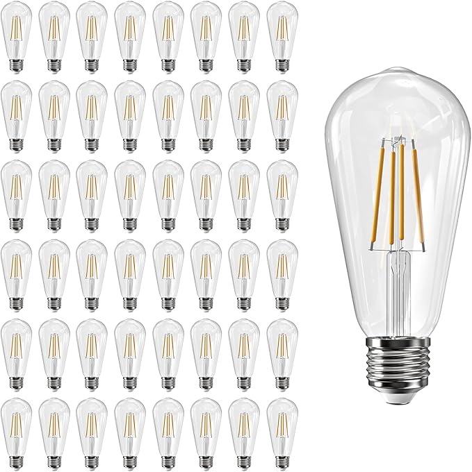 Jensense Edison LED Light Bulbs 8Watt Dimmable, 2700K Warm White, E26 Base, 60watt Equivalent, Vintage Bulbs 800lm CRI 90 Clear Glass, 48 Pack