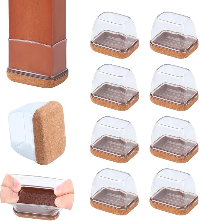 Ezprotekt 8 Pcs Rectangle Clear Silicone Chair Leg Floor Protectors, Rectangle Felt Furniture Pads Caps, Chair Leg Covers Cups for Chair Table Desk Sofa (Fit L :1.3-1.7", W: 0.9-1.2")