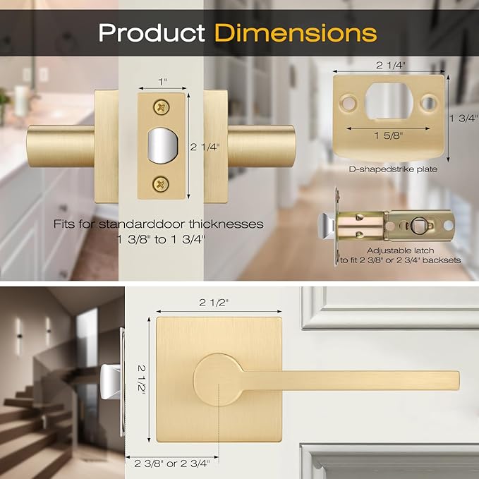 EHOMEWARE 8 Pack Gold Door Handles Door Knobs, Satin Brass Passage Door Lever Interior Door Handle for Hallway/Closet Non-Locking