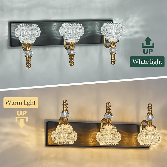 Bathroom Light Fixtures, Modern Glass Crystal Vanity Light Vintage Bathroom Lighting Fixtures Over Mirror 3 Light Vanity Lights G9 Bulb (19.68 Inch, Black Gold)