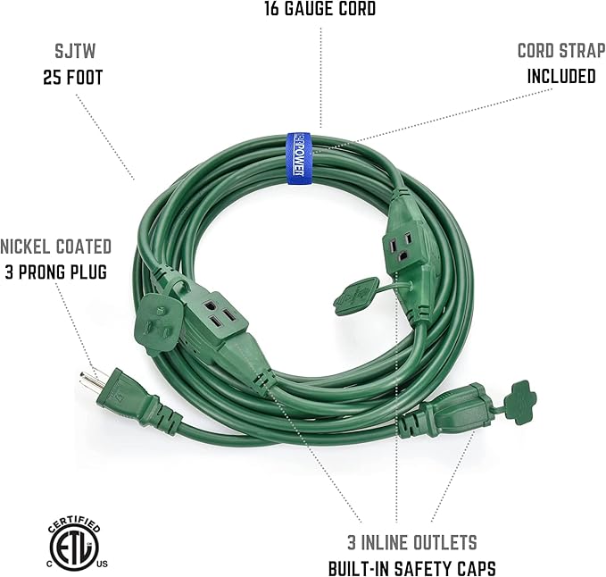 Clear Power 25ft 16/3 SJTW Green Landscape Extension Cord w/3 Inline outlets & Outlet Covers, for Christmas Lights and Holiday Decorations, CP10225