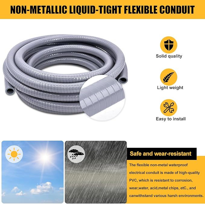 3/4 inch 150 Foot Liquid-Tight Conduit and Connector Kit, Flexible Non Metallic Electrical Conduit, With 10 Straight and 10 Angle Fittings and Pipe Strap