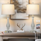 27.5" Farmhouse Table Lamps Set of 2 with USB C+A Ports & AC Outlet for Vintage Living Room Retro Bedroom, 3-Way Dimmable Touch Lamps Resin Bedside Lamps for Nightstand Side End Table, Grey