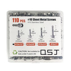 QSJ 110PCS #10 x 1/2'' Sheet Metal Screws 410 Stainless Steel Hex Washer Head Fast Self Tapping Screws with Screwdriver Bit Silver