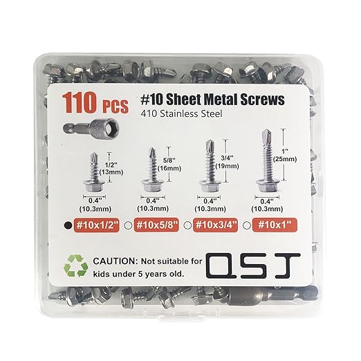 QSJ 110PCS #10 x 1/2'' Sheet Metal Screws 410 Stainless Steel Hex Washer Head Fast Self Tapping Screws with Screwdriver Bit Silver