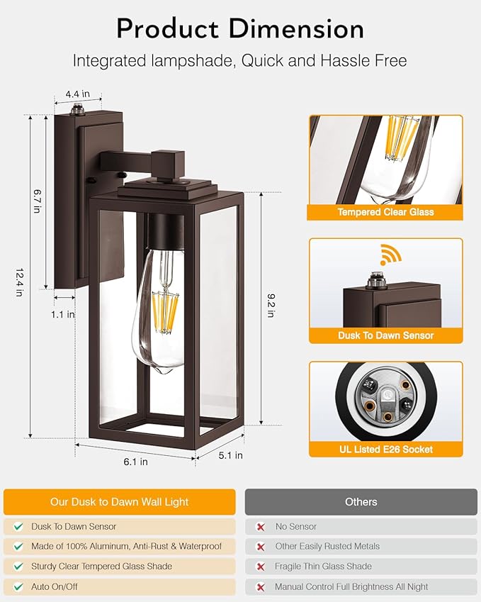 VIANIS Dusk to Dawn Porch Lights, Oil Rubbed Bronze Wall Lights Fixture Outside, Modern Outdoor Lanterns for Front Door, Aluminum Waterproof Anti-Rust ORB Sconce Wall Mount for Doorway, Patio