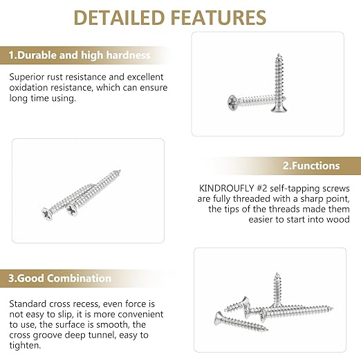 242 Pieces #2 x 1/4" 3/8" 1/2" 5/8" 3/4" Phillips Countersunk Head Self-Tapping Screws, Wood Screws Assortment Kit, 304 Stainless Steel