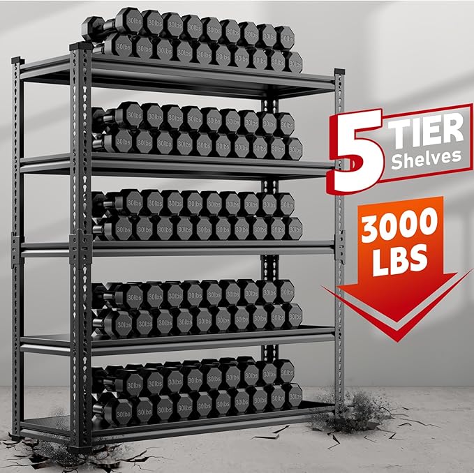 Heavy Duty Garage Shelving, 5-Tier Storage Rack 3000LBS Capacity 48" W x 72" H x 24" D, Adjustable Storage Shelves, Boltless Assembly Shelving Unit for Workshop, Basement & Garage Organizer