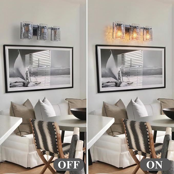 EDISLIVE Vintage Bathroom Vanity Light Black 3-Light Bath Wall Light Fixture with Ripple Block Shades Glass 23.6" E12 Antique Wall Sconce for Bedroom Hallway Living Room Vanity Mirror