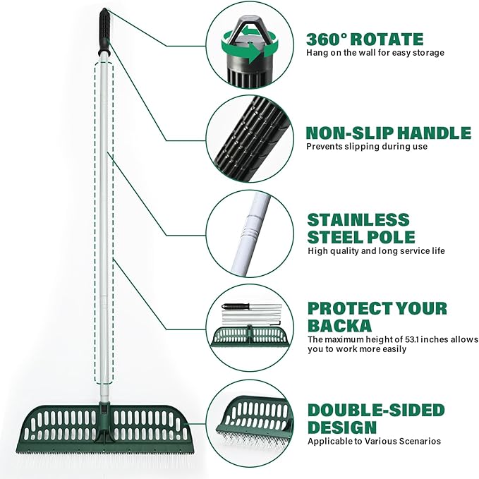 Artificial Turf Rake, 2 in 1 Turf Rake with Adjustable Steel Handle, 30" to 53" Long, 17.9 inch Wide for Artificial Grass and Lawn Leaf Removal, Carpet Rakes, Pet Hair Removal
