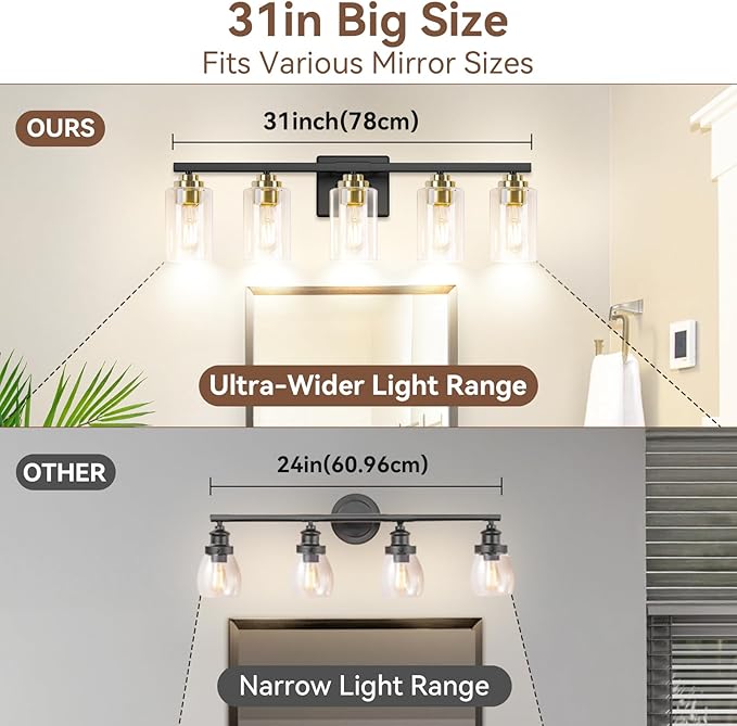 5-Light Bathroom Light Fixtures, 31" Modern Vanity Lights Over Mirror with Clear Glass Shades, Black & Gold Light Fixture, Classic Wall Light Fixture for Mirror Living Room Cabinet Bedroom Porch