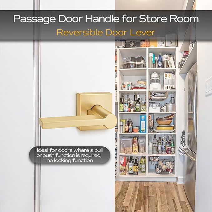 EHOMEWARE 3 Pack Passage Door Handles, Satin Brass Door Knobs Interior, Hallway Closet Door Levers Keyless Gold Door Handle, Heavy Duty Suqare Door Handle Set for Left or Right Handed Doors