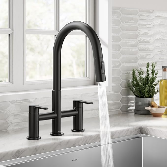 KRAUS Oletto Bridge Kitchen Faucet with Pull-Down Sprayhead in Matte Black, KPF-3122MB