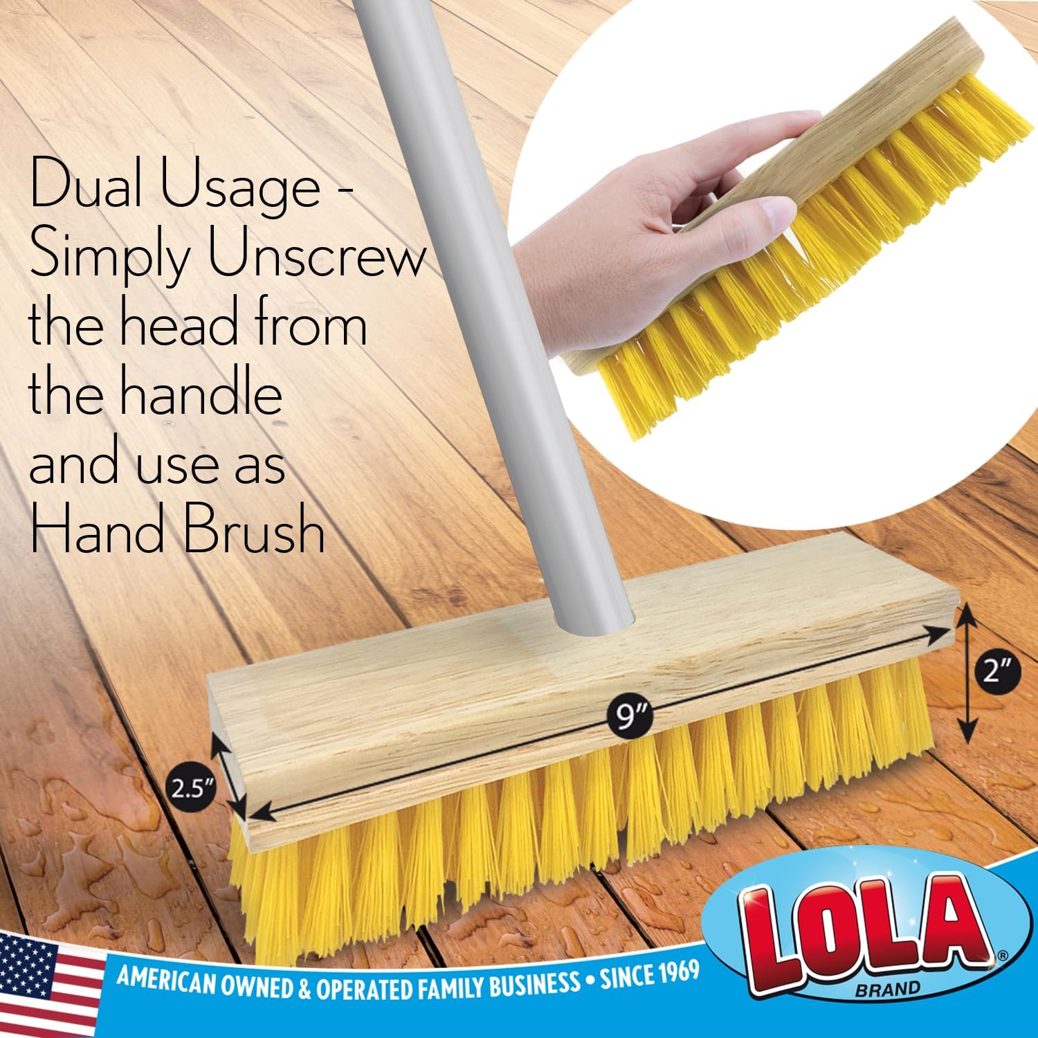 LOLA Deck Scrub Brush Outdoor Broom, Durable Bristles Remove Dirt, Grime, Grout, Leaves, Snow on Patios, Decks, Wet or Dry, 1 Pack