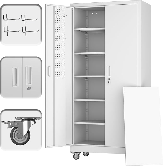 Metal Storage Cabinet with Wheels and Pegboard,71" H x 32" W x 16" D Garage Storage Cabinet with 2 Doors and 5 Adjustable Shelves for Garage, Home, Warehouse, Closet, Assembly Required, White