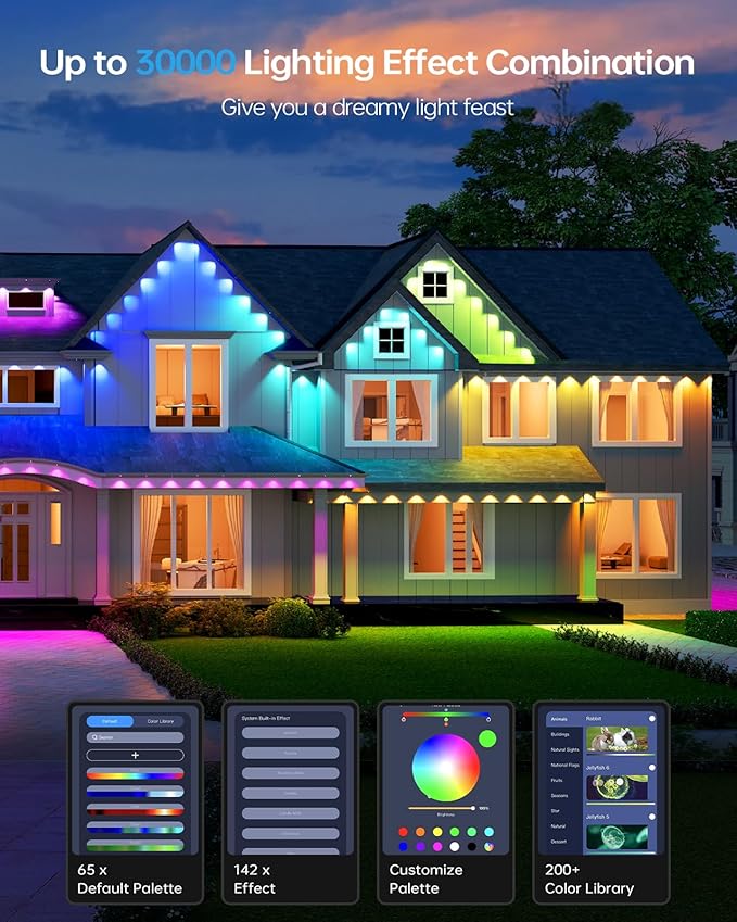 ASAHOM Permanent Outdoor Lights Pro, 300FT with 216 RGBCW LEDs and Dual Output, WLED Integration, AI Lighting, 30,000 Lighting Effects Combination, IP67 Waterproof for Outdoor Decor, Black