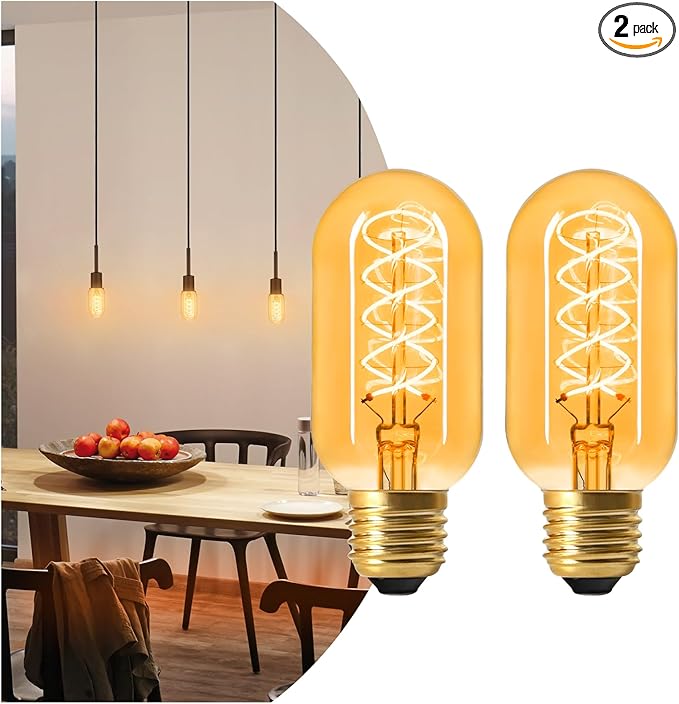 AMDTU E26 Edison Bulbs 60 Watts Equivalent, 600 Lumens LED Bulbs 7W, Ultra Filament Spiral E26 Base Edison LED Bulbs Dimmable, Warm Yellow 2200K T45 Amber Glass Tubular Light Bulbs 2 Pack