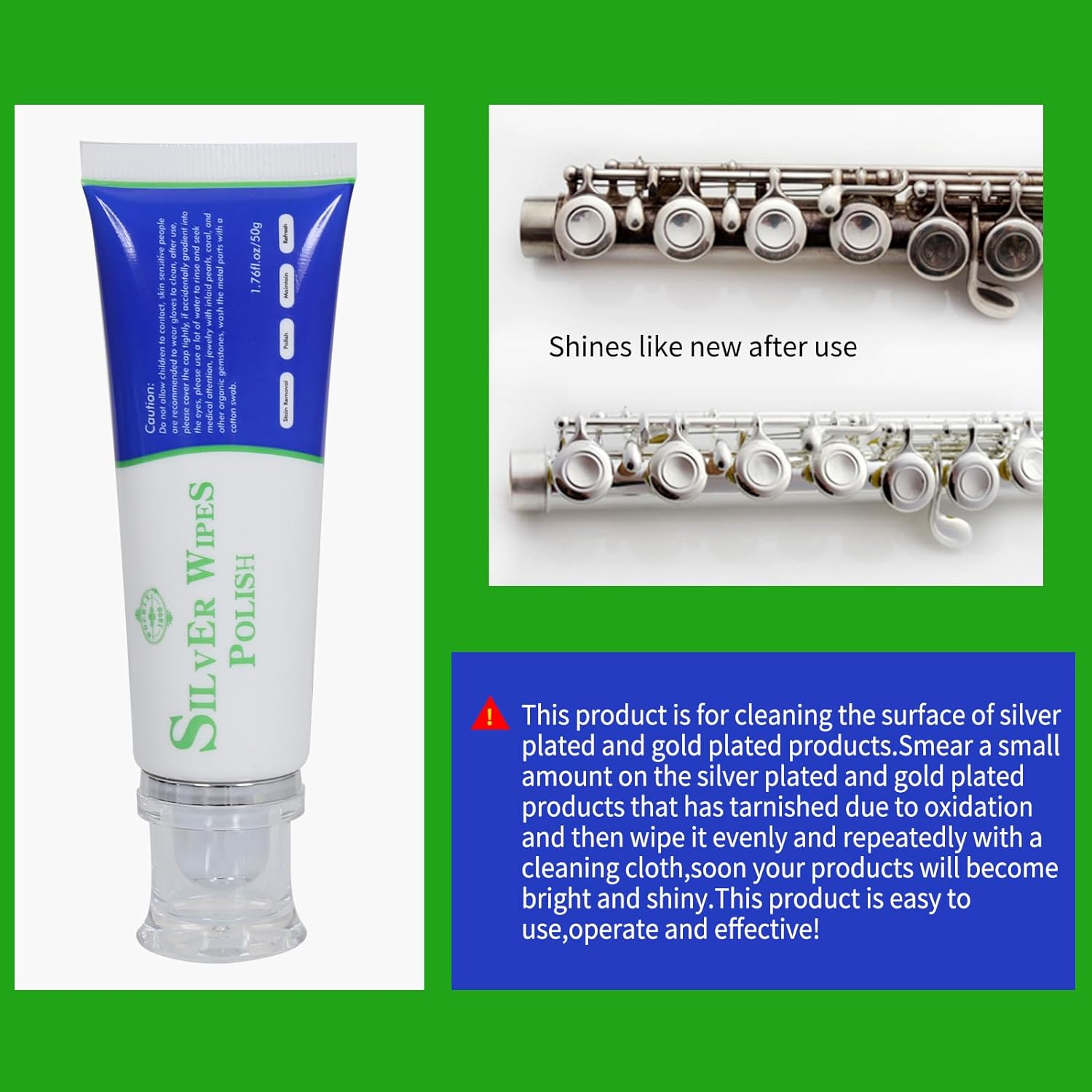 Silver Wipe Polish Cleaner Removes Surface Oxidation Tarnish from Sterling Silver, Silver and Gold Jewellery and the Keys of Instruments for Flutes, Clarinets, Oboes, Bassoons, Trumpets,Silverware